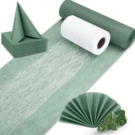 Chemin de Table Non-tissé en Vert Eucalyptus (30 cm x 30 m), Rubans Dentelle Décoratifs Blancs (1/5)