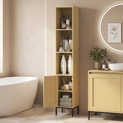 Armoire de salle de bain haute et étroite avec étagères ouvertes et étagère réglable, aspect bois naturel (1/5)