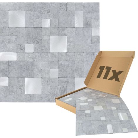 Wandpaneele selbstklebend Steinoptik 1m², 11 Stück Wandverkleidung feuchtigskeitsbeständig, Premium Qualität für Bad und Küche, Quadrat Rechteck Form - Hellgrau Silber