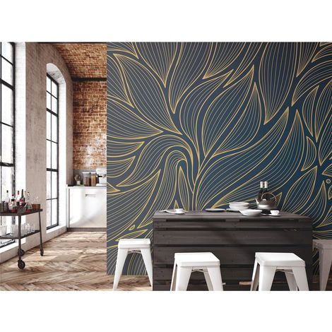 Papier Peint Feuillages Stylisés Lignes Dorées et Fond Marine - 150 x 105 cm (1/4)