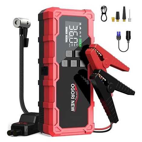 Car Battery Booster with Portable Air Compressor, Car Booster Battery Starter 12 V, Tyre Inflator, Car Battery Starter with Cigarette Lighter (1/5)