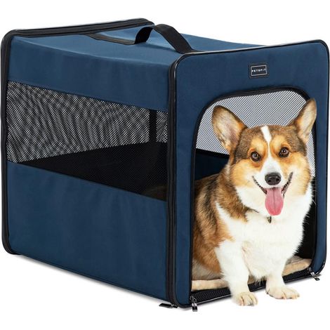 Faltbare Hundebox M 61x46x53.5cm Blau mit Plüschmatte für Zuhause & Auto (1/5)