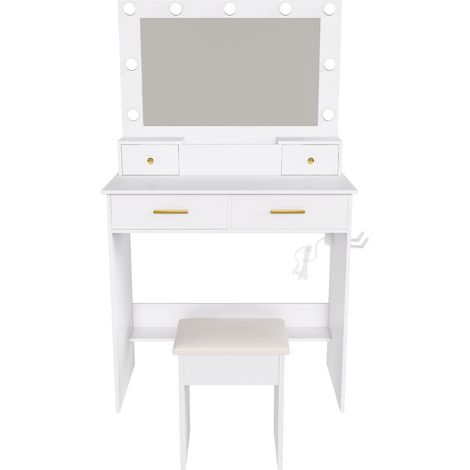 Tocador blanco con LED regulable, enchufe y soporte para secador, 4 cajones y taburete (1/5)