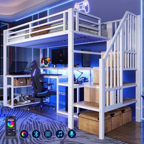 Cama alta 90x200 con estructura de hierro, cama litera infantil con estante, escalera con almacenaje, barandilla, tira LED, escritorio y puerto USB – sin colchón