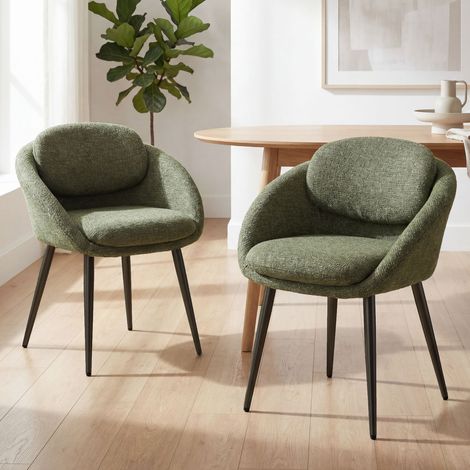 Wahson Chaise de Salle à Manger en Chenille Lot de 2, Chaise de Cuisine Moderne avec Dossier Rond et Pieds en Métal Noir, pour Salon/Chambre, Vert