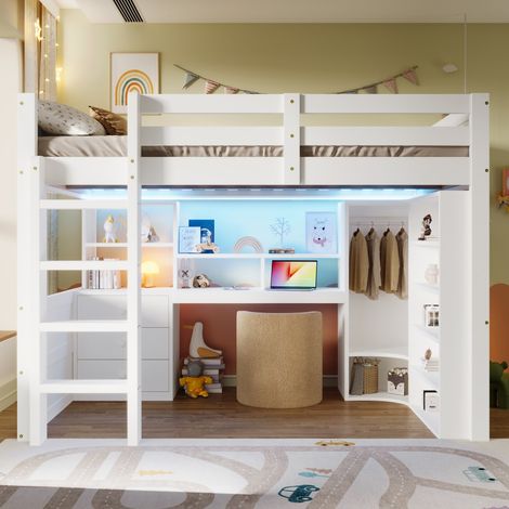 Lit Mezzanine-Lit double-avec Bureau et Armoire-Étagères LED Intégrées-Blanc-148x204,5x148cm-Sans Matelas (1/5)