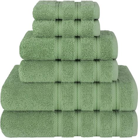 Lot de 6 serviettes en lin doux, 2 grandes serviettes de bain, 2 serviettes de main, 2 gants de toilette, ultra douces et absorbantes, 100% coton turc pour salle de bain et cuisine, teinte vert sauge (1/5)