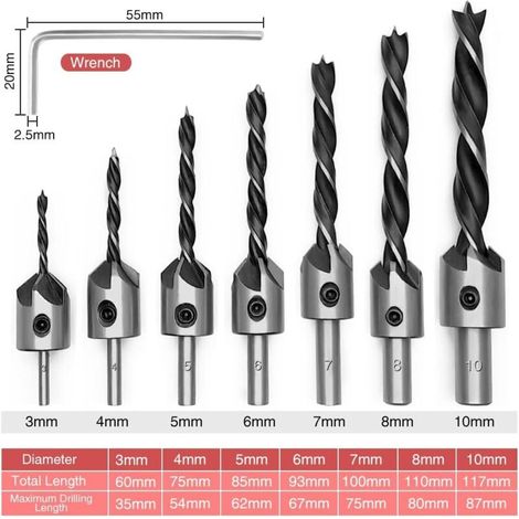 Set De Forets À Chanfreiner- 7 Pièces Forets À Chanfreiner 3 4 5 6 7 8 10 Mm, Pour Bois Acier Rapide, Travail Du Bois Menuiserie Alésoir Avec 1 Clé Allen (1/5)