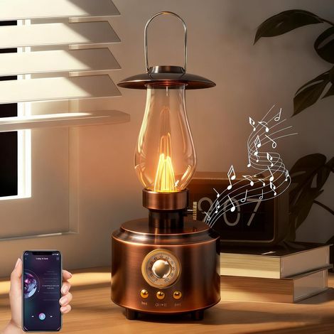 Lampada a cherosene vintage con altoparlante Bluetooth - LED ricaricabile - Dimmerabile all'infinito - Impermeabile - Per camera da letto e campeggio - Rame vintage (1/5)
