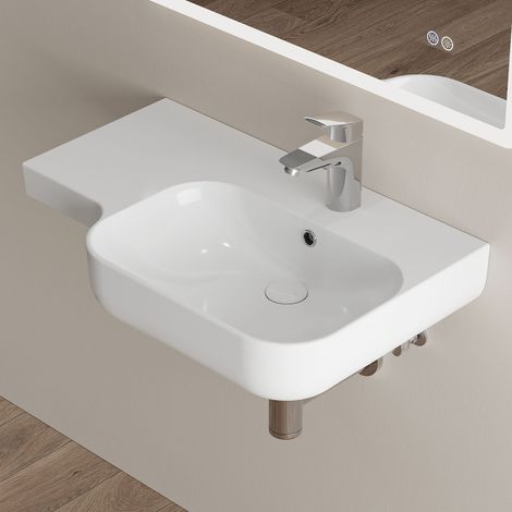 HOROW Lavabo sospeso in ceramica, 72 x 45 cm, rettangolare, da parete, con foro per rubinetto e troppopieno, ampio ripiano, smalto autopulente (1/5)