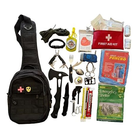 Survival Kit with Ax, Folding Knife, Dynamo Lamp, First Aid Kit, Shelter, Poncho, Fire Starter, Cable Saw for Outdoor, Hiking, Emergency, Bushcraft (1/5)
