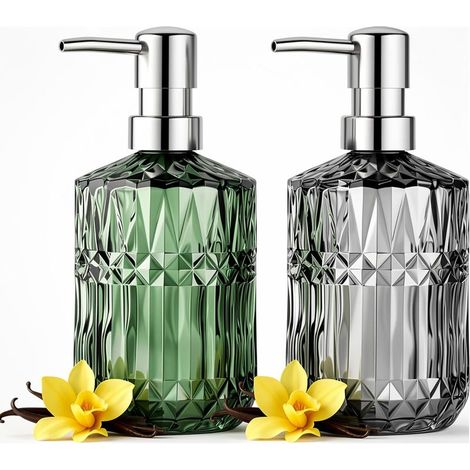 GDHZS-  Lot de 2 Distributeur Savon Cuisine en Verre 390ml Distributeur Savon Salle de Bain Rechargeable pour Liquide Vaisselle, Huile Essentielle, Shampoing, Lotio (Vert + Gris) (1/4)