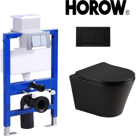HOROW pack bati-support UWT02L + Plaque de poussée carrée chromée noire + cuvette suspendue WC suspendu sans rebord, WC en céramique noir mat (1/5)