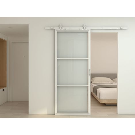 Porte coulissante 90 x 215 cm intérieure en verre, décor Loftstyle blanc porte verrière (1/5)