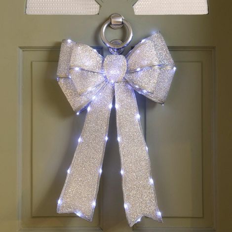 Christmas Light Up Door Bow 40cm x 60cm Battery Operated - Silver (1/4)