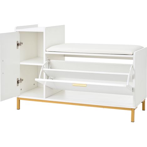Banco zapatero con cojín 100 x 38 x 68 cm, 2 estantes, 1 puerta, blanco y dorado MODENUIT (1/5)