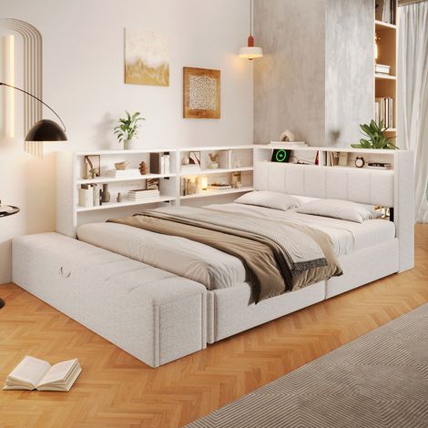 Lit banquette 140 x 200 cm, lit coffre avec rangement hydraulique, tête de lit banquette, prise électrique, USB, éclairage LED, velours blanc (1/5)
