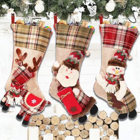 50CM Chaussettes de Noël à Suspendre 3 Pièces Grande Chaussette de Noël Sapin Décoration Cheminée Père Noël Rennes Bonhommes de Neige Bas de Noël pour (1/5)