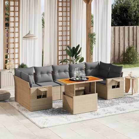 Ensemble salon jardin 8 places résine tressée beige avec table extensible et coussins lavables (1/3)