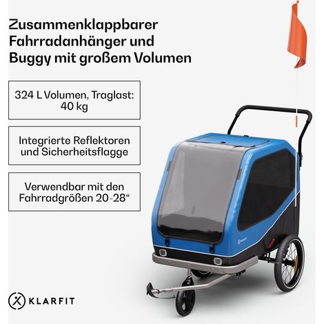 Klarfit Anhänger für 2 Haustiere mit 324 l Volumen, Hybrid-Buggy mit solider Stahlrahmenkonstruktion, integrierten Reflektoren & Bremsen - geräumiger Hunde-Fahrradanhänger
