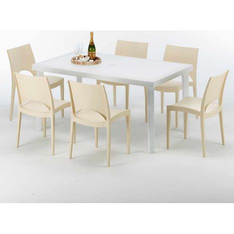Tavolo Rettangolare Bianco 150x90 cm con 6 Sedie Colorate Paris Summerlife - Beige