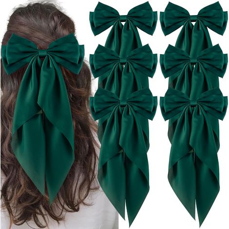 Seis grandes pinzas para el cabello con lazo, cintas largas para el cabello para mujeres y niñas, acabado satinado sedoso, accesorios divertidos con lazo (verde). (1/3)
