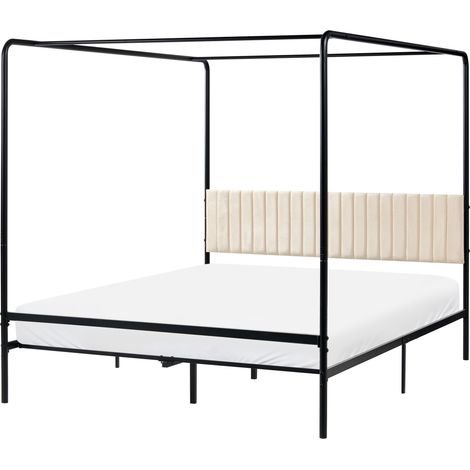 Cama con dosel de metal doble con estructura metálica y cabecero tapizado 160 x 200 cm negro Dannemois
