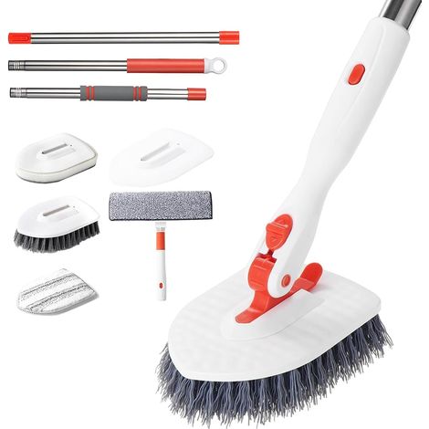 4 en 1 Brosses Récurer avec Manche Long, Brosse Nettoyage Douche Améliorée, Serpillières Plancher Fonctions Différentes, Outils Nettoyage pour Salle Bain, Baignoire, Carrelage, Plinthe, Mur, Sol (1/5)