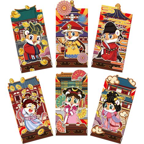 Glücksumschläge zum Chinesischen Neujahr – 6 rote Umschläge, Tiger-Cartoon-Motiv, geprägte Goldfolie, Spezialpapier, 16,4 x 8,9 cm – Geschenk für Partys, Hochzeiten, Geburtstage (1/5)