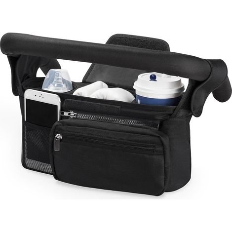 Organizador para cochecito, almacenamiento universal, 2 portavasos, bolsa multifuncional colgante para cochecito, color negro. (1/4)
