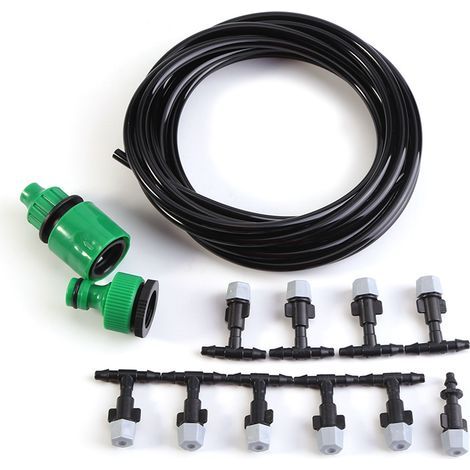 Kit d'irrigation micro-aspersion 5M pour jardin et terrasse, système de brumisation rafraîchissant avec tuyau et buses. (1/5)