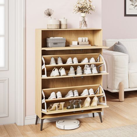 Meuble à chaussures en rotin design scandinave, 80x24x114cm, 2 tiroirs rabattables et 1 tiroir supérieur, idéal pour les couloirs, les chambres, les appartements (1/5)