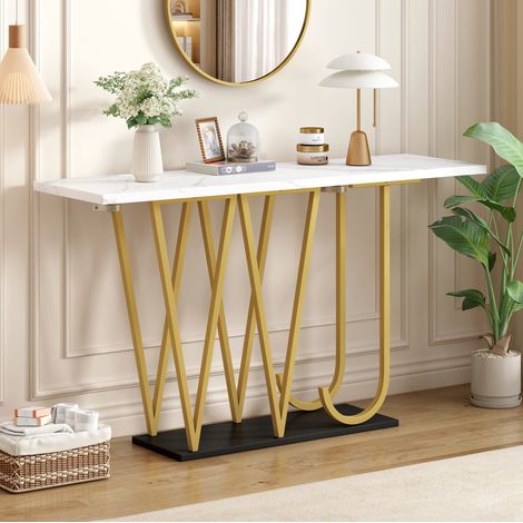 Tavolo console 120x29.5x80 cm bianco in MDF e metallo con effetto marmo e ripiano inferiore (1/5)