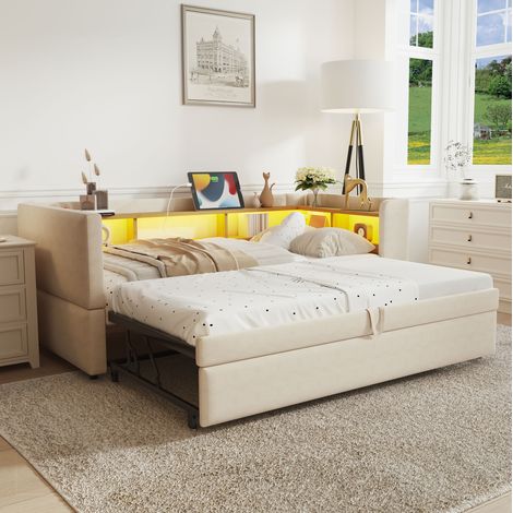 Sofá cama tapizado de franela beige 90/180x190 cm con LED, enchufes y almacenaje (1/5)