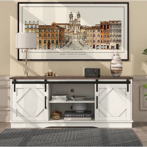 Mobile TV in truciolare bianco e marrone 150x40x60 cm con 2 ante scorrevoli, 2 ripiani regolabili e 4 vani aperti (1/5)