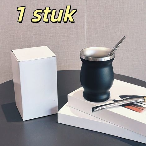 Tasse à thé individuelle en acier inoxydable, 240 ml, avec cuillère, goupillon et paille plate, idéale pour voyage et école, 12 x 12 x 18 cm, noir (1/5)