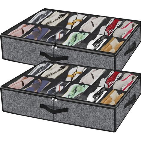 Lot de 2 sacs rangement pour chaussures avec fenêtre transparente boîte pliable sous le lit poignées 12 compartiments Gris (1/5)