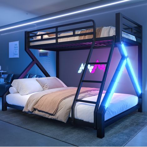 Letto a castello 90x200 cm + 140x200 cm con illuminazione LED e sponda di sicurezza in metallo, nero, senza materasso (1/5)