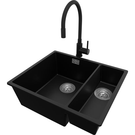 PRIMAGRAN Evier Cuisine en Granit 56x47cm, Lavabo 1,5 bacs + Robinet 40x38cm + Kit de Vidage, Évier à Encastrer au meuble 60cm - London Slim Duo, Noir (1/5)