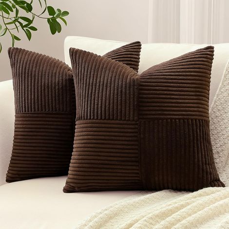Lot de 2 Housse de Coussin 60x60 cm en Velours Côtelé, Housse Coussins Patchwork à Rayures Croisées Doux Taies d'oreiller Décoratives pour Lit Canapé Chambre Salon, Marron Foncé (1/5)
