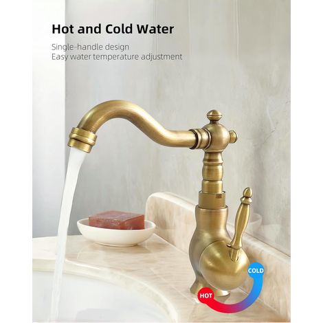 Robinet de lavabo en laiton ancien brossé style vintage Mitigeur bronze rétro à levier unique Bec pivotant 360 degrés Pour vasque de salle de bain