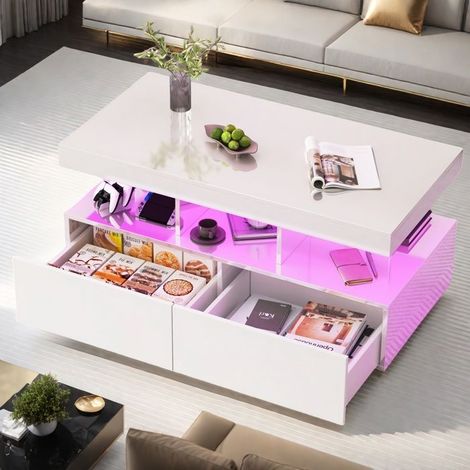 Mesa de Centro - TANANT - Rectangular Moderna - 5 Estantes - 2 Cajones - Iluminación LED 16 Colores (1/5)