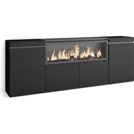 Skraut Home – Buffet noir moderne 208x75x35cm – 4 portes avec cheminée électrique XXL – Meuble de rangement pour salon et cuisine (1/5)