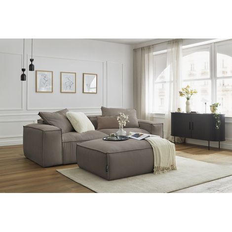 BOBOCHIC - Canapé droit fixe 3 places ultra moelleux BOHEME velours côtelé avec pouf Taupe (1/5)