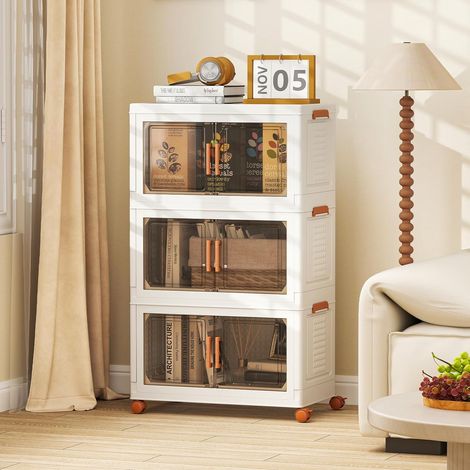 GOPLUS Boîtes de Rangement en Plastique, Boîtes de Rangement Empliables 156L avec Couvercles, Roues Universelles, Portes Avant, Poignées Pratiques, pour Maison, Bureau (62.5(L),3 Niveaux) (1/5)