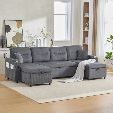 Canapé 4 places en velours côtelé gris anthracite à double méridienne, coffres de rangement, porte-gobelets et USB-C, avec plateau central extensible – CHICFURN (1/5)