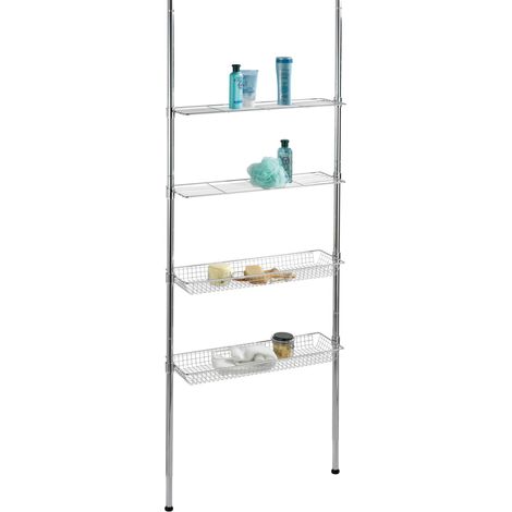 WENKO Teleskopregal Ellera - 2 ausziehbare Haltestangen, 2 Ablagen, 2 Ablagekörbe, Chrom (1/5)
