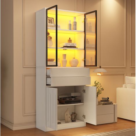 Vitrine haute LED 70x34x180 cm avec 2 tiroirs, portes en verre trempé, blanc, REDOM (1/5)