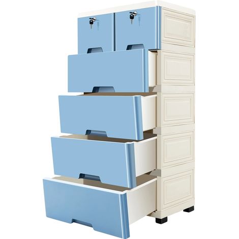 Meuble de rangement, design à 5 niveaux, tiroirs coulissants, Bleu (1/2)