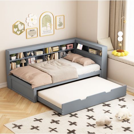 Sofá cama de madera gris 90x200 cm con cama extraíble 90x190, USB y almacenaje integrado (1/5)